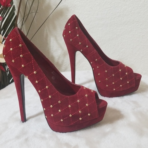 Bumper Shoes - Bumper 👠 Burgundy Velvet Gold Stud High Heels